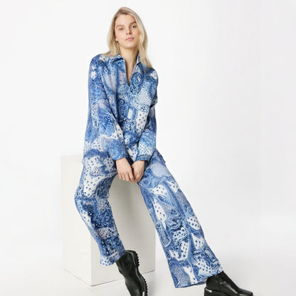 Women Pants Two-piece Print Long Sleeve Turn-down Collar Blouses Suit High Waist Fashion Female Pants Sets