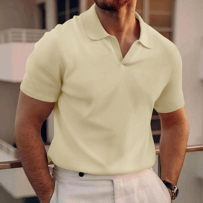 Heren zomer poloshirt met V-hals revers korte mouwen en zware wafelstructuur