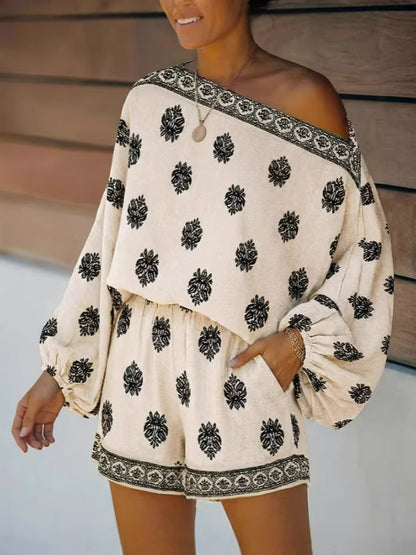 Bohemian Cross-Collar Lantern Sleeve Printed Jumpsuit