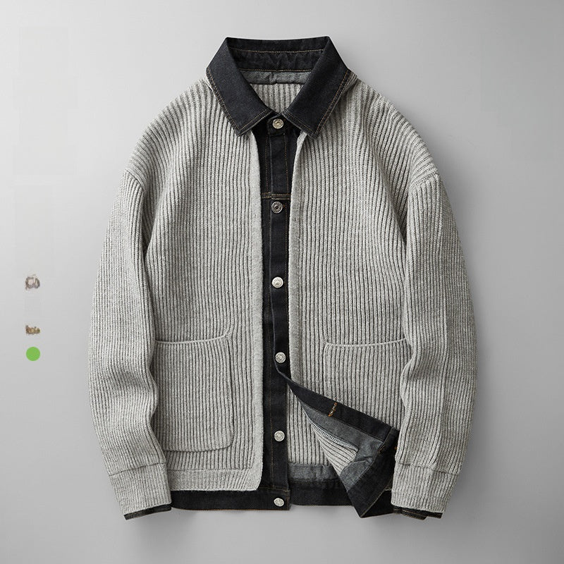 Mens Denim Patchwork Knit Cardigan
