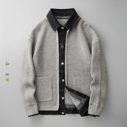 Mens Denim Patchwork Knit Cardigan