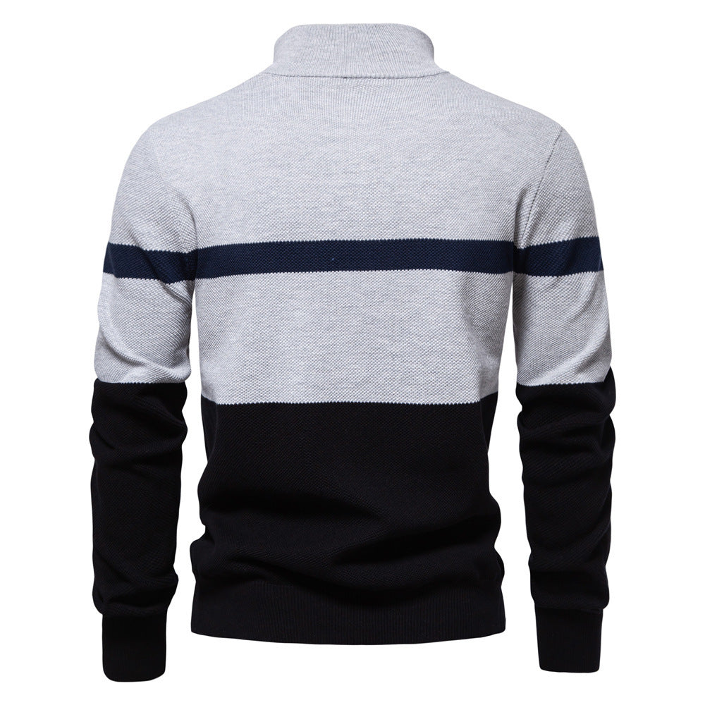 Men's Slim Fit Stand Collar Half-Zip Color-Block Knit Sweater