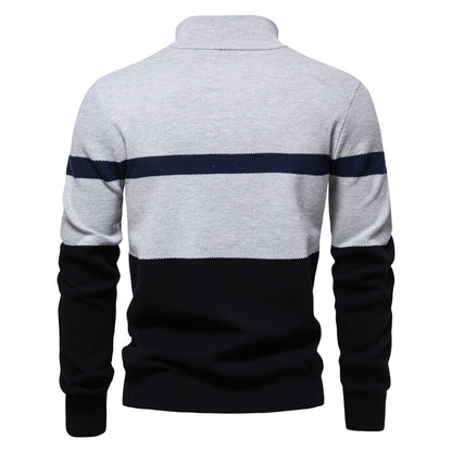 Men's Slim Fit Stand Collar Half-Zip Color-Block Knit Sweater