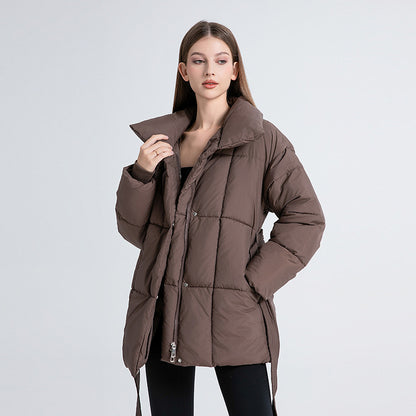 Mid-length womens winter coat with belt