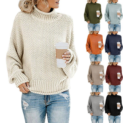 Womens Turtleneck Sweater Loose Fit Solid Color Oversized Knit Pullover