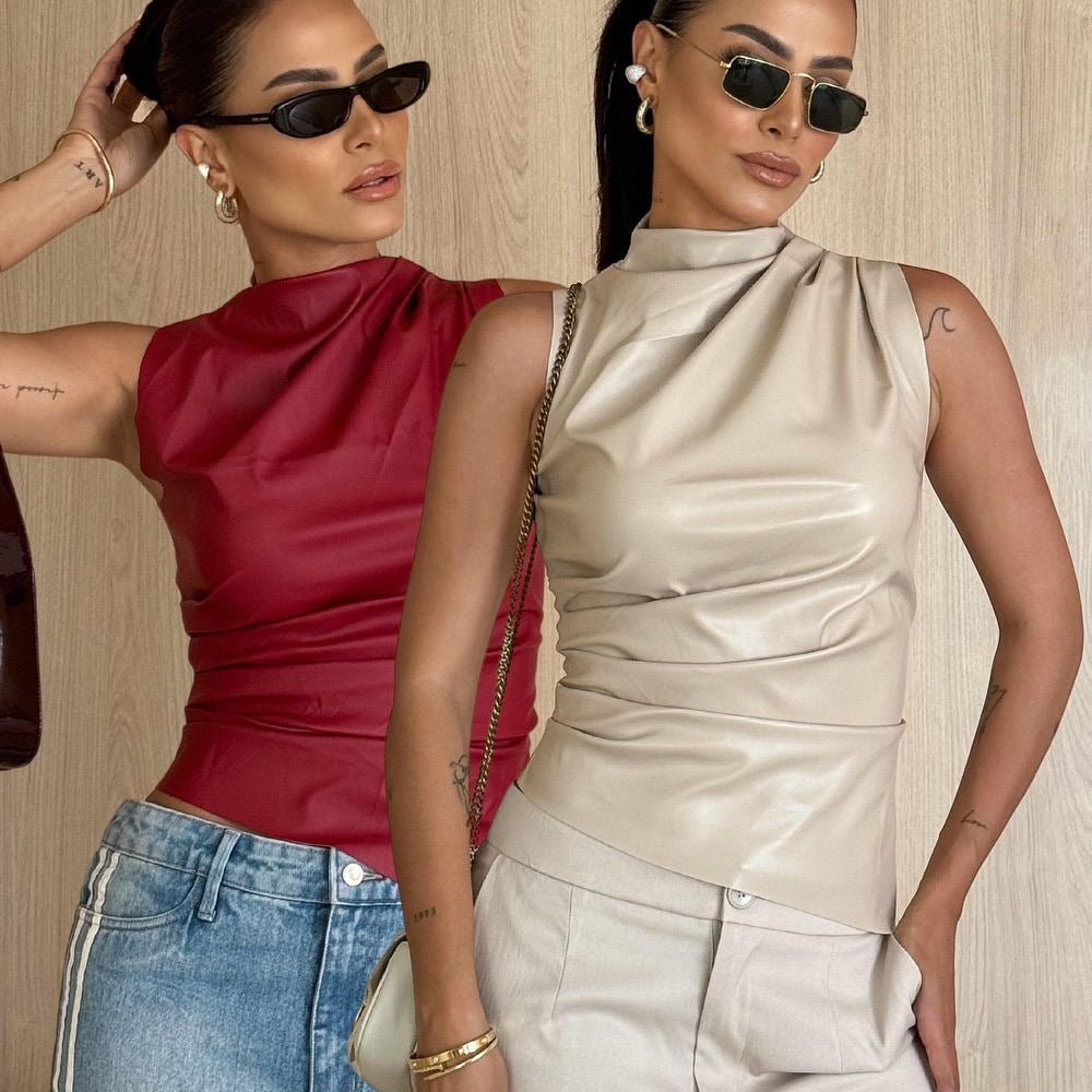 Women's Sleeveless PU Leather Vest Stand Collar Waist-Cinching Irregular Hem Top