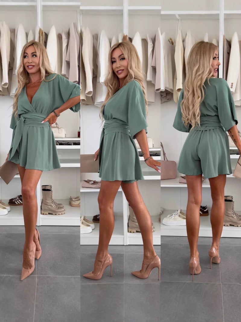 Casual V-Neck Tie-Waist Jumpsuit