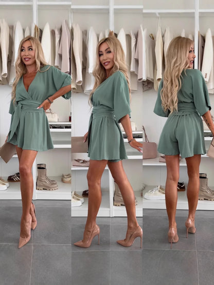 Casual V-Neck Tie-Waist Jumpsuit