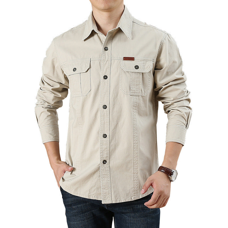 Men's Plus Size Solid Color Long Sleeve Work Shirt Loose Fit Casual Button-Down Shirt with Pocket