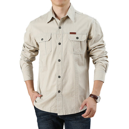 Men's Plus Size Solid Color Long Sleeve Work Shirt Loose Fit Casual Button-Down Shirt with Pocket