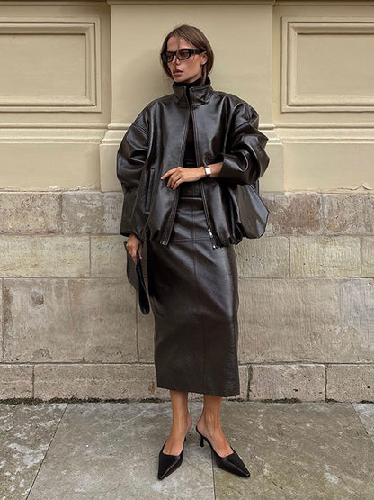 Elegant Leather Jacket and Skirt Set