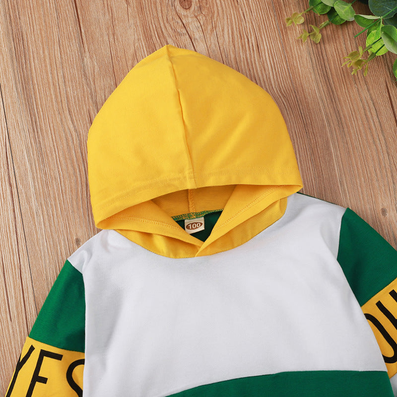 Make a Bold Statement with Our Green Hooded Color Matching Long-sleeved Children's Sweater!