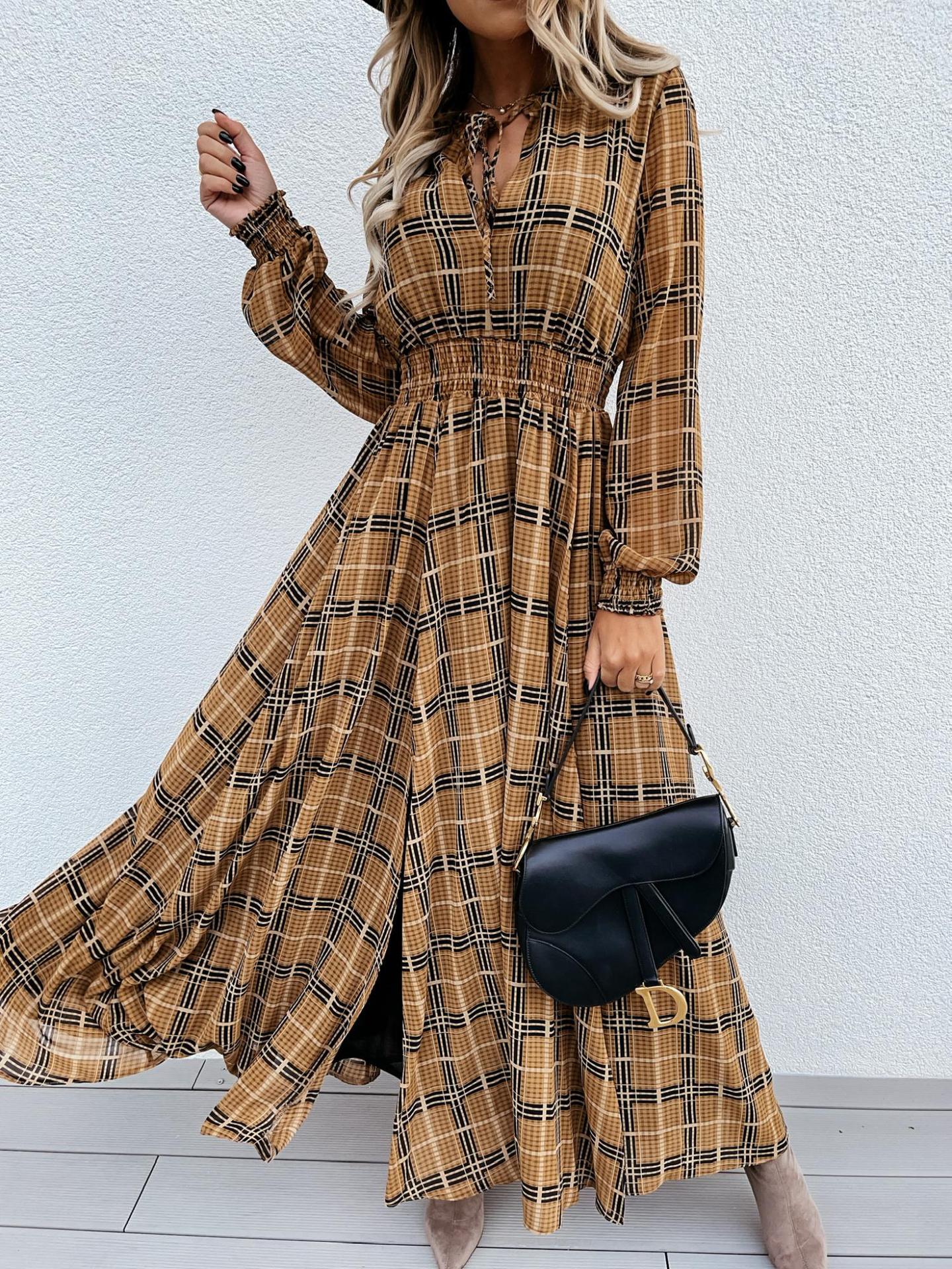 Slit Plaid Tie Neck Long Sleeve Maxi Dress