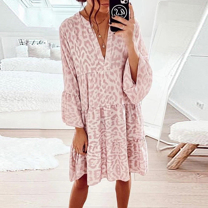 Spring Summer New Arrival European and American Print Long Sleeve V Neck Patchwork Dress