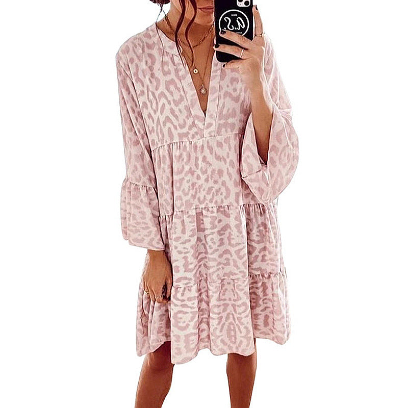 Spring Summer New Arrival European and American Print Long Sleeve V Neck Patchwork Dress