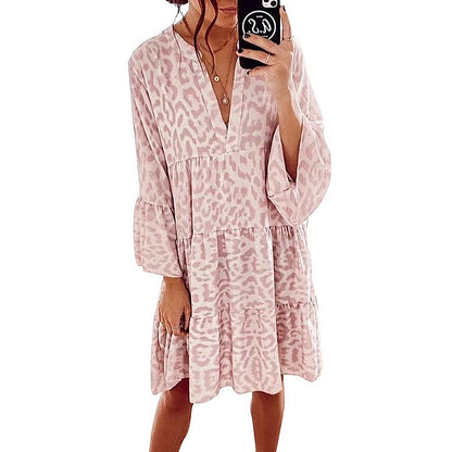 Spring Summer New Arrival European and American Print Long Sleeve V Neck Patchwork Dress