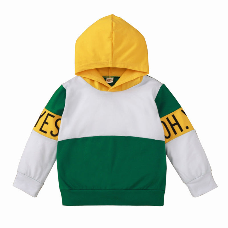 Make a Bold Statement with Our Green Hooded Color Matching Long-sleeved Children's Sweater!