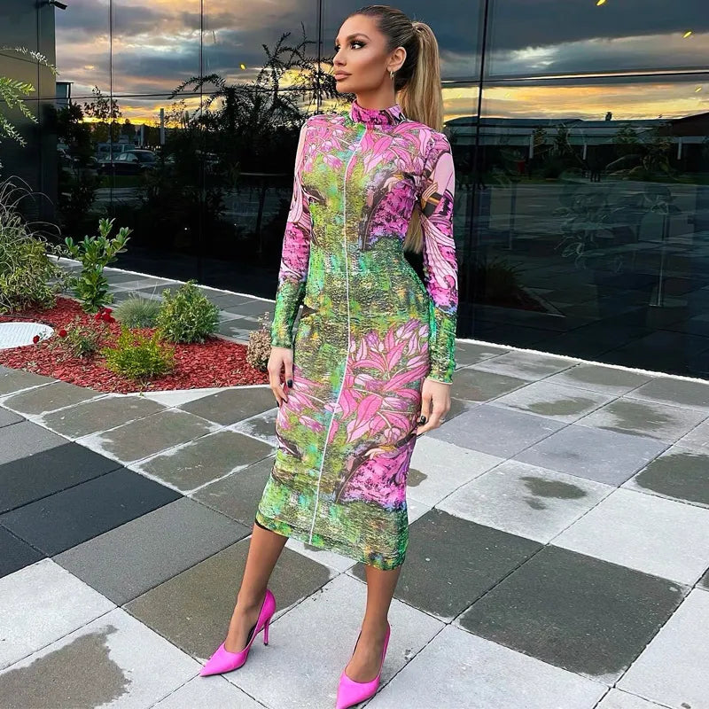 Dames lange mouwen hoge hals bodycon midi-jurk met bloemenprint