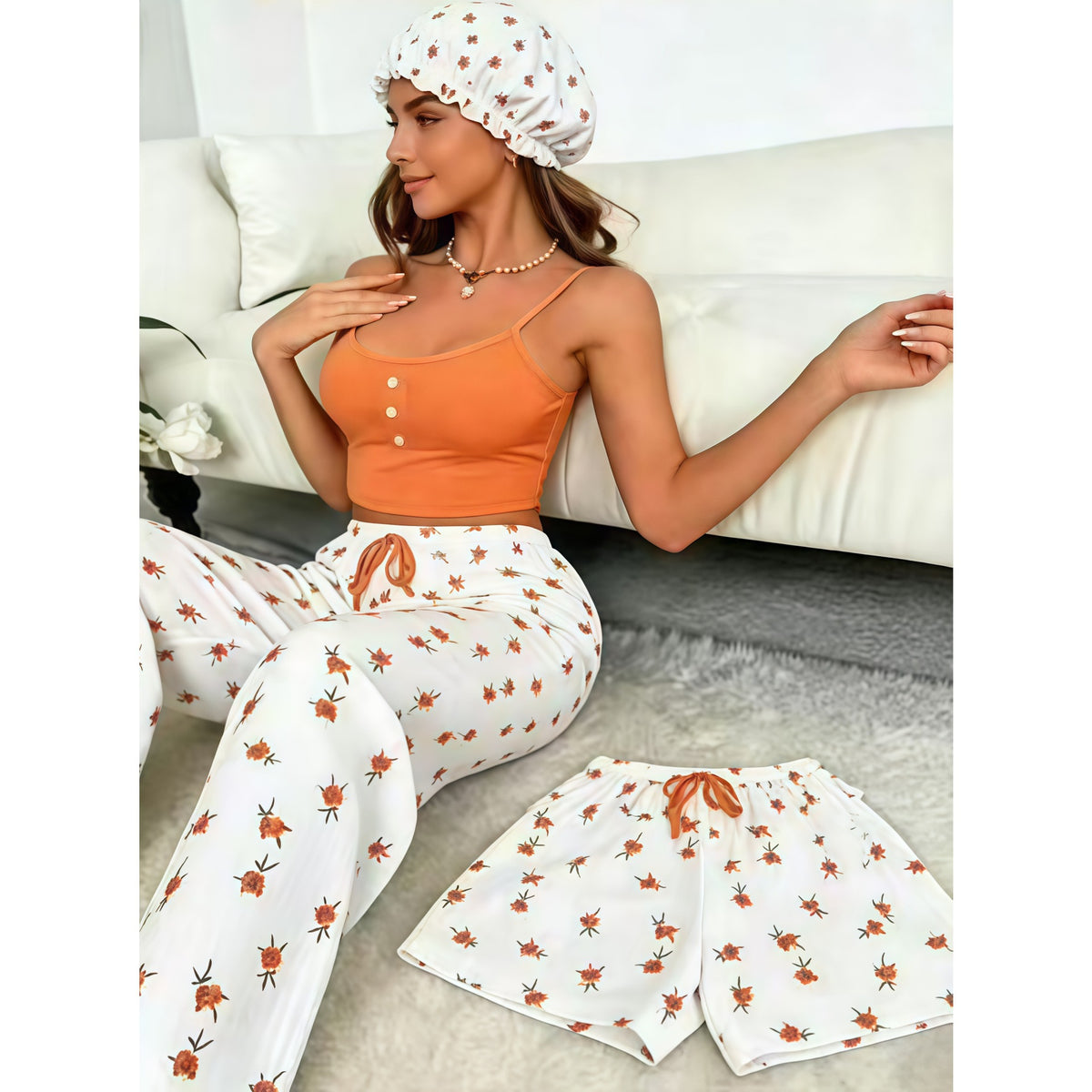 Women's Home Clothes Shower Cap Sling Shorts Pants Threaded Set