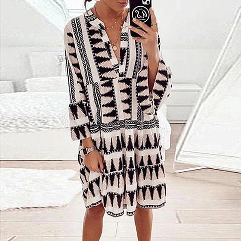 Spring Summer New Arrival European and American Print Long Sleeve V Neck Patchwork Dress