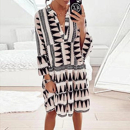 Spring Summer New Arrival European and American Print Long Sleeve V Neck Patchwork Dress