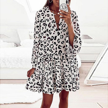 Spring Summer New Arrival European and American Print Long Sleeve V Neck Patchwork Dress