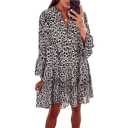 Spring Summer New Arrival European and American Print Long Sleeve V Neck Patchwork Dress