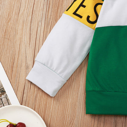 Make a Bold Statement with Our Green Hooded Color Matching Long-sleeved Children's Sweater!