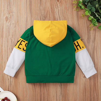 Make a Bold Statement with Our Green Hooded Color Matching Long-sleeved Children's Sweater!