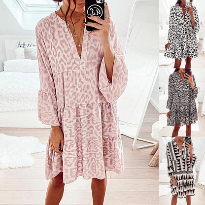 Spring Summer New Arrival European and American Print Long Sleeve V Neck Patchwork Dress