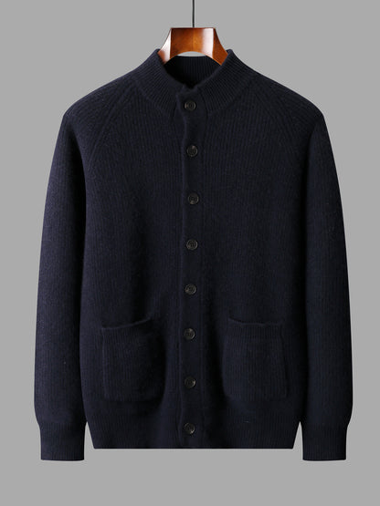 Men's Pure Cashmere V-Neck Cardigan Sweater Solid Color Long Sleeve Buttoned Knitwear