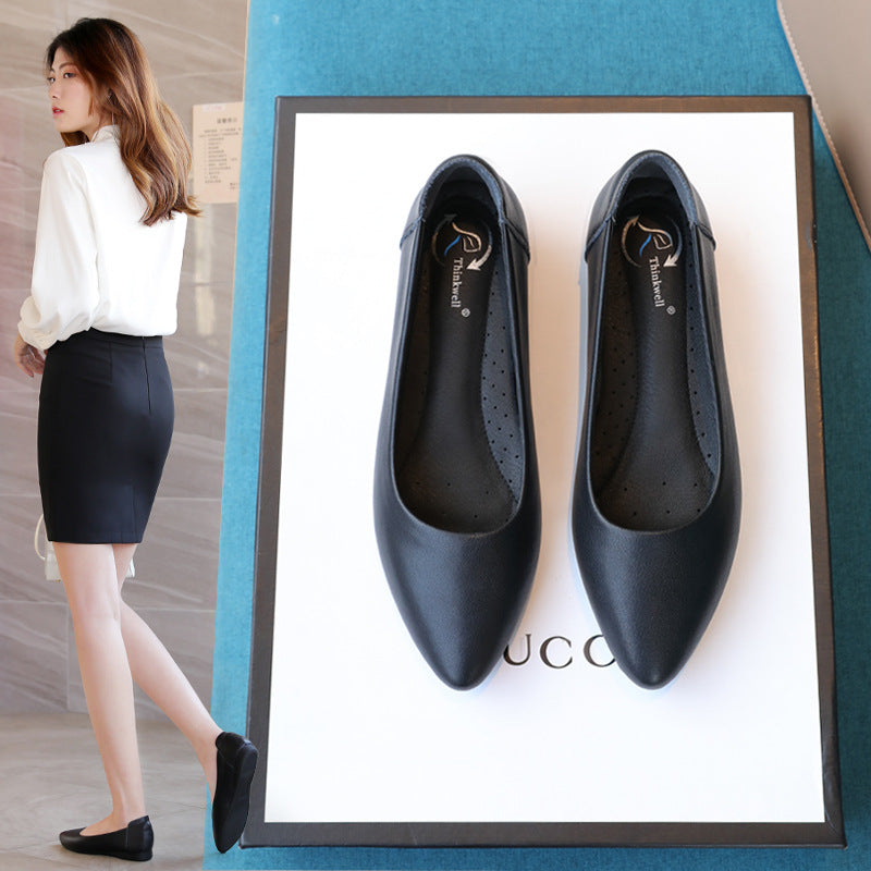 Genuine Leather pumps Women's Flat shoes 2023 new spring and autumn pointed black leather shoes work shoes small size and plus size women's shoes