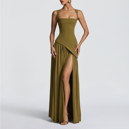 Elegant Backless Pleated Slit Dress
