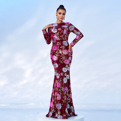 Elegant Sequin Long Sleeve Evening Dress