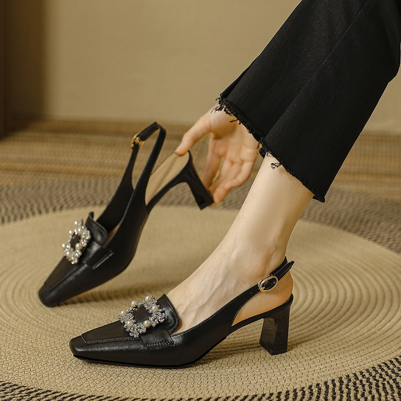 Genuine leather style square toe back empty single shoes with thick heels and one line buckle high heels