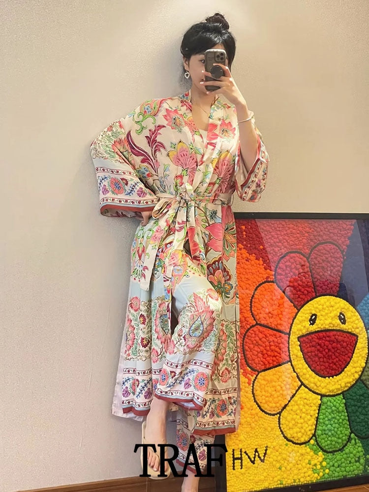 Woman Vintage Floral Print Kimono Dress Women V Neck Sashes Side Split Long Dress Fashion Holiday Boho Dress
