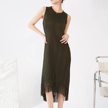 Pleated Dress Women Sleeveless Straight Tassel Summer New Temperament High-end Long Dresses Female Elegant