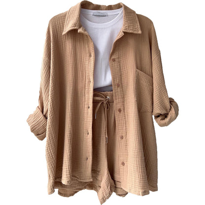 Wrinkled collar long sleeved shirt high waisted drawstring shorts two-piece set