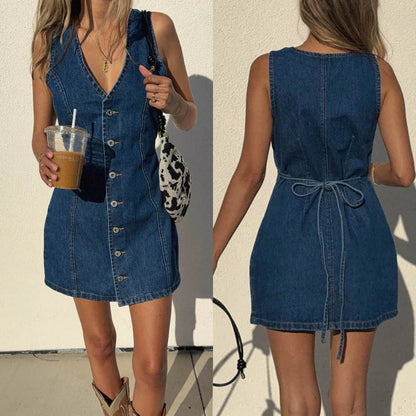 Sleeveless Denim Dress with Waist Definition