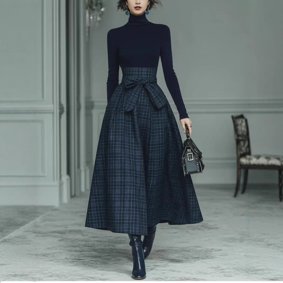Solid color texture long sleeved elegant French dress for women