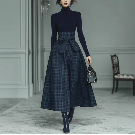 Elegante Franse coltrui met lange mouwen en geruite midi-rokset voor dames