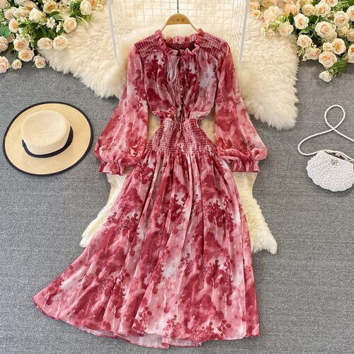 Autumn Women Printed Long Dress Vintage Ruffle Stand Collar Puff Sleeve High Waist Elegant Maxi Robe Female Big Swing Dress