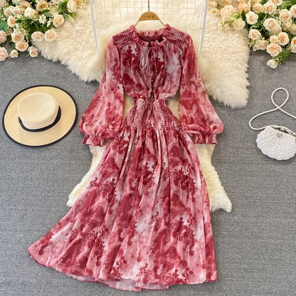 Autumn Women Printed Long Dress Vintage Ruffle Stand Collar Puff Sleeve High Waist Elegant Maxi Robe Female Big Swing Dress