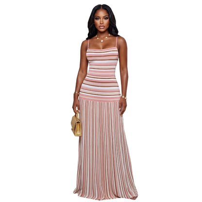 Womens Sling Backless Striped Dress