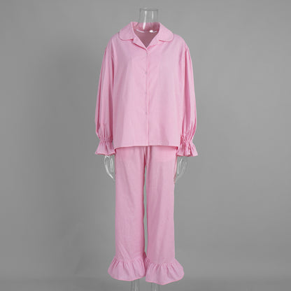 Cross-Border Pure Cotton Plaid Long-Sleeved Pants Two-Piece Set European and American 2025 Autum New Ruffled Shirt Pants Suit