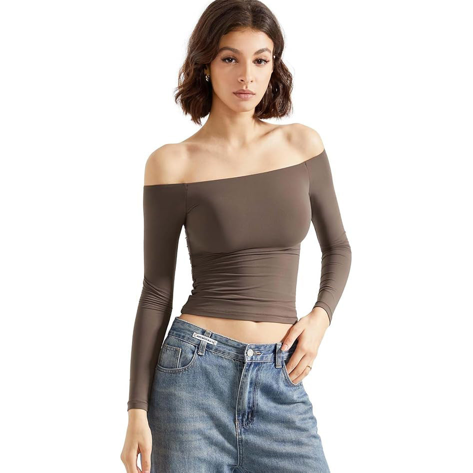 Women's Off-Shoulder Long Sleeve Crop Top Slim Fit Pullover