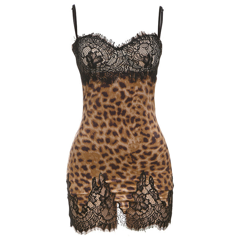 Sleeveless Leopard Print Lace Dress
