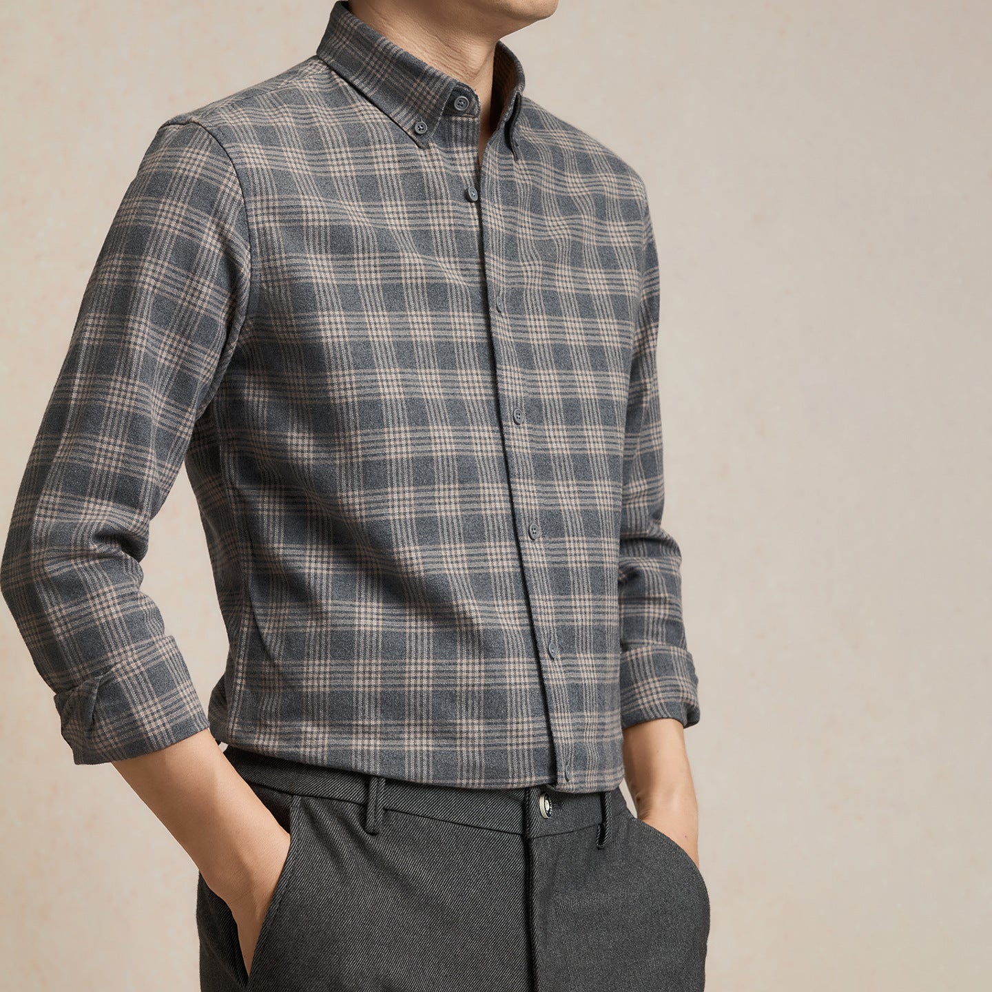 Pure Cotton Brushed Plaid Shirt for Men
