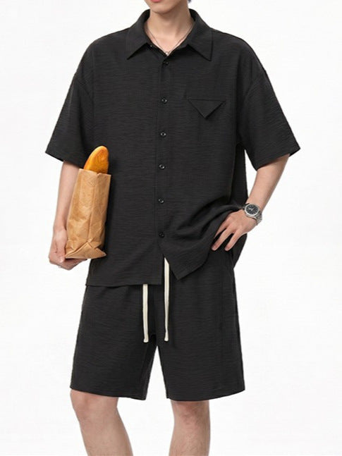 Imitation Linen Casual Suit for Men Summer Thin Drapey Short-Sleeve Shirt and Shorts Two-Piece Set