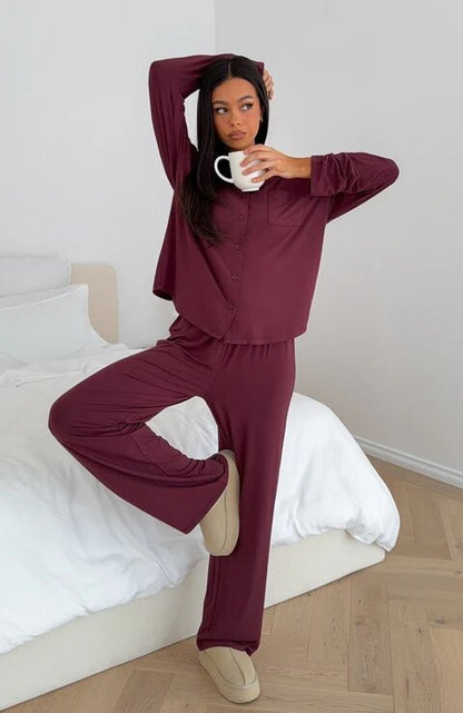 Women Modal Lapel Collar Long Sleeve Sleepwear Set